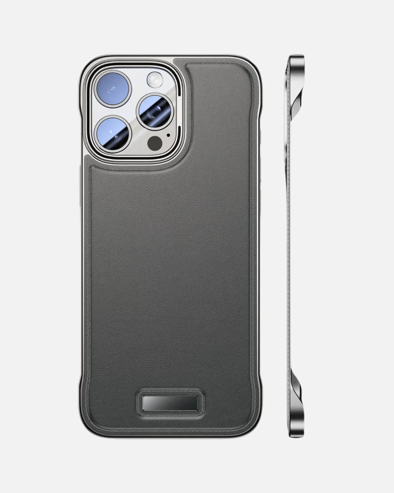 Luxurious frameless leather case for iPhone 16 & 15 series, ultra-thin design with heat dissipation features.
